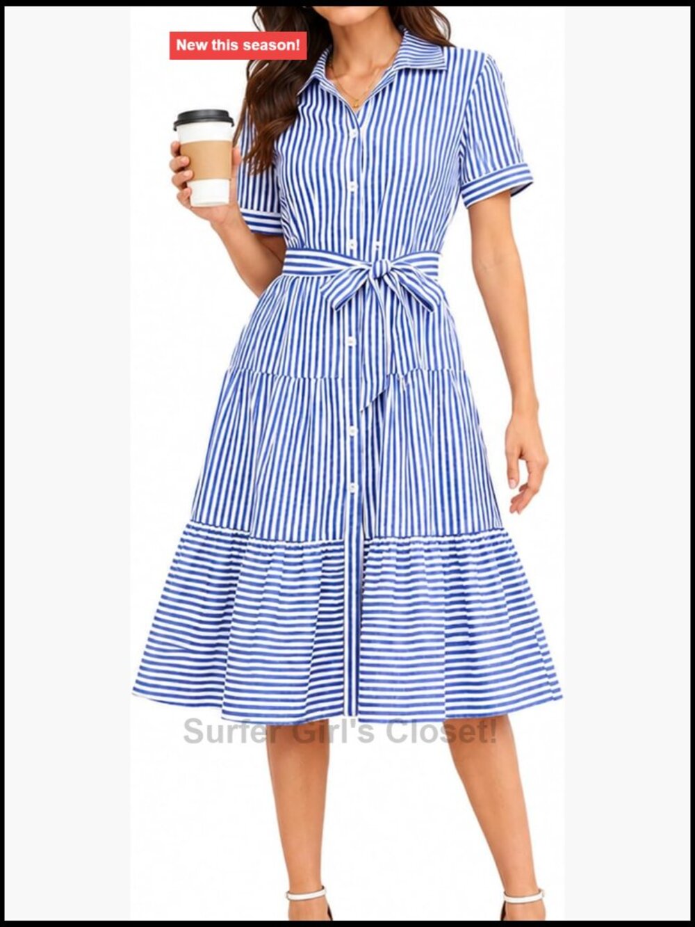 Women's Striped Button Down Midi Dress Short Sleeve A-Line High Waist Summer
